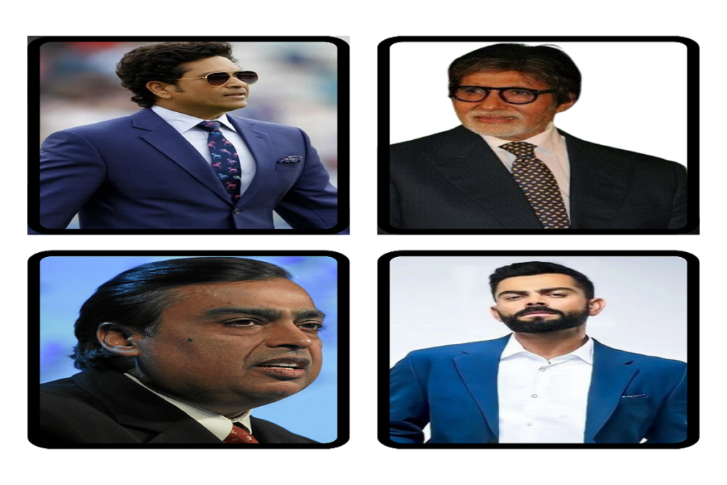 sachin Tendulkar, amitabh bachchan, mukesh ambani.virat kohali